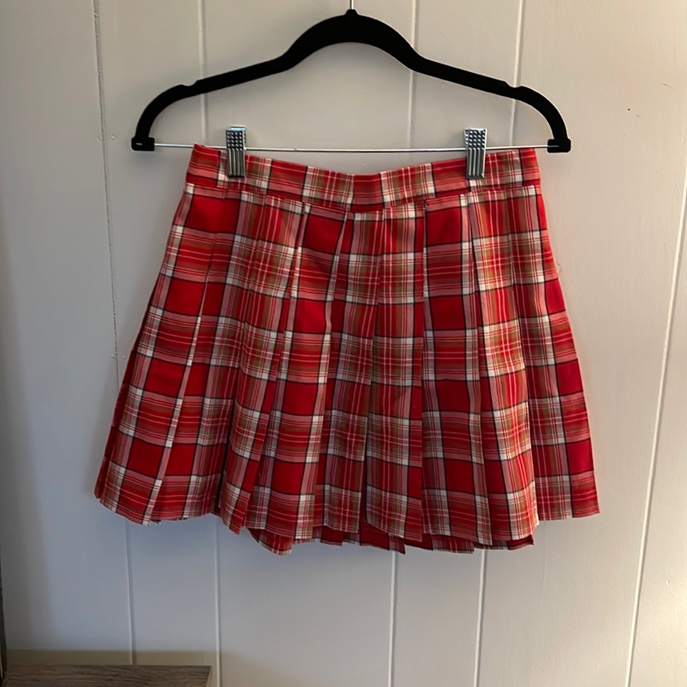 Aerie, medium, Red plaid, pleated skirt